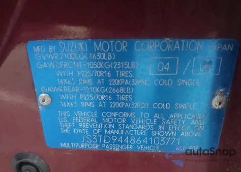 2006 Suzuki Grand Vitara Xsport из США, поврежденный, VIN JS3TD944864103771